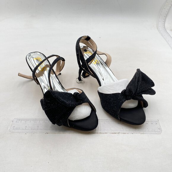 FYS Women Cute Rhinestones Bow Peep Toe Low Kitten Heel Ankle Strap Sandal Black - Picture 4 of 8